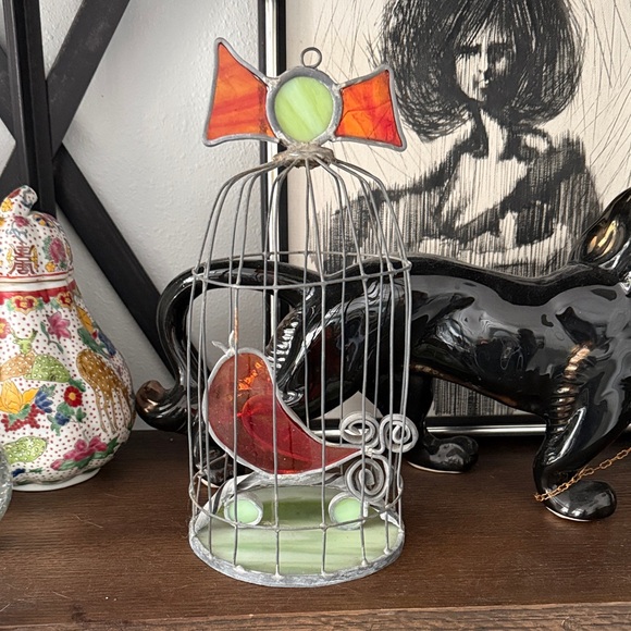 Other - Vintage Stained Glass Bird in Wire Cage Decor